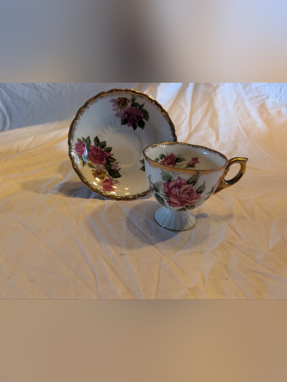 2/40$ Vintage Pink Rose Pedestal Teacup and Saucer with Gold Trim